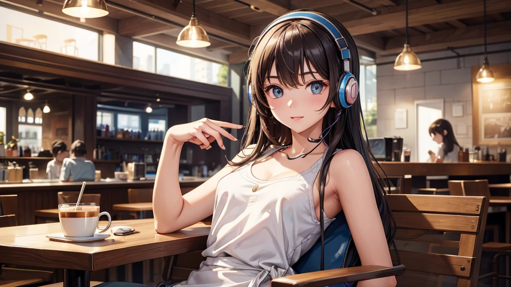Girl with headphones enjoying music in a cafe I am studying Emphasize a little bit of the chest