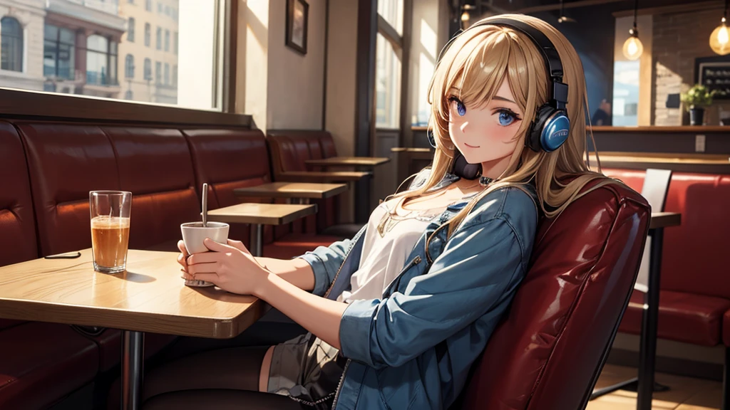 Girl with headphones enjoying music in a cafe I am studying Emphasize a little bit of the chest