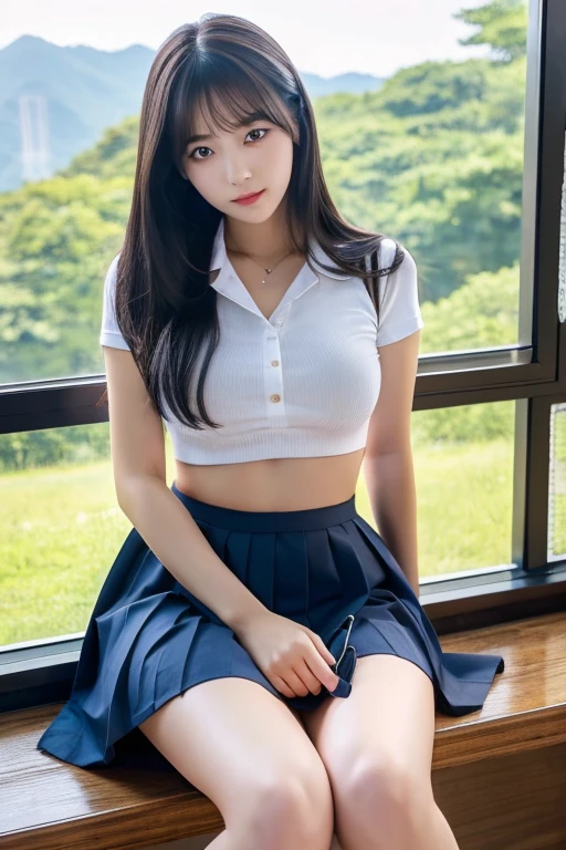 High resolution、high quality、Detailed face、Beautiful Face、cute、Young Face、Young face、high school girl、uniform、An innocent smile、whole body、Spread your legs、Navy blue pleated skirt