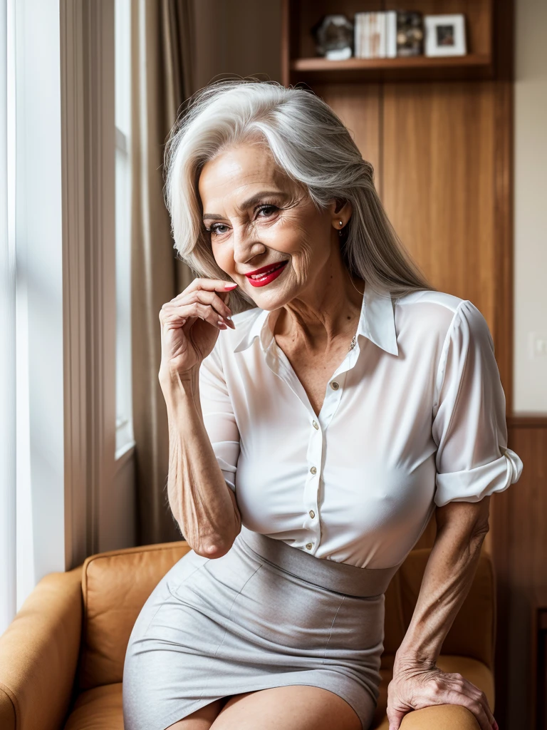 Mature old woman 80 years with hair, old face and body with many wrinkles, smiling, loose skin, standing at her sunny house, She wearing tight white shirt with deep neckline, wearing sexy black mini skirt, she wearing sexy office costume, posing sitting on a chair, old face and body with wrinkles, legs are visiable, old face, bright makeup, red lips, attractive grandma, a gorgeous old long straight hair, beautiful old grandma, lovely older mature grandma, gorgeous beautiful grandma over 80 years old, beautiful silver straight hair grandma, a beautiful old granny