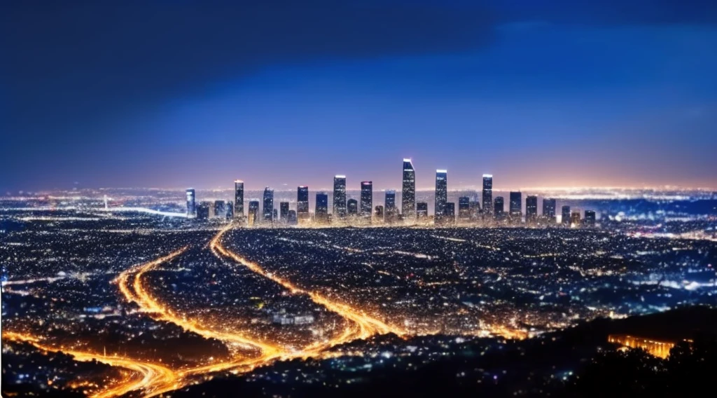 Night city view from a hill with blue sky, City lights on the horizon, 夜のLos Angeles, shiny Distant City, City lights in the background, Light in the distance, Blue Hour, Los Angeles, blue night, Midnight City Lights, Blue Hour lighting, Distant City, Long Exposure 8k, Distant city lights