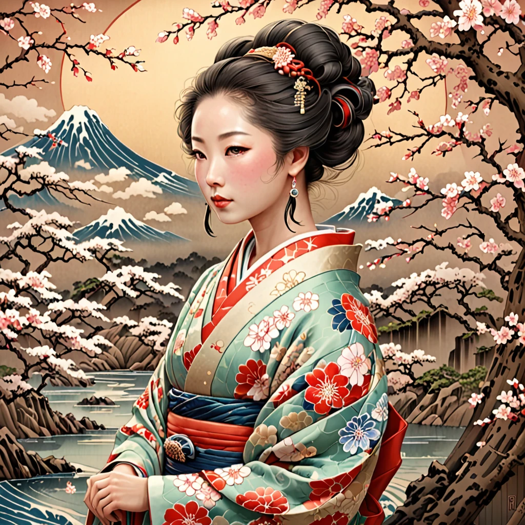 Highest quality，masterpiece，Ultra-high resolution, Very detailed, 8K,A woman from the Edo period wearing a kimono with a long, coiled neck,Rokurokubi