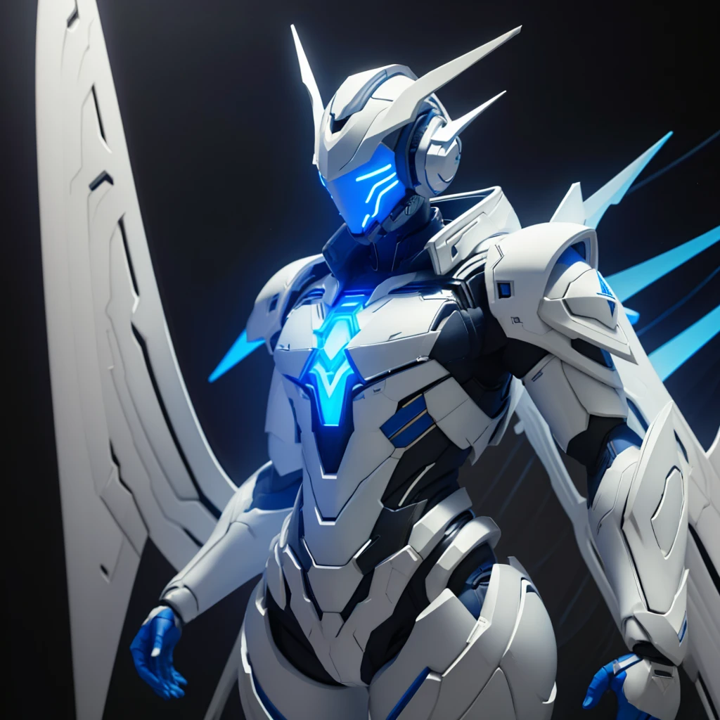 Dronificated unknown femboy in a fully enclosed white latex fullbody suit with blue lights across the suit and star shaped glowing core in the chest, fully enclosed cyber helmet that cover his whole face and hides his identity with a blue screen that has a white star, flat chest, narrow waist, wide hips and thick thighs, open Mechanical wings, underwater, no face, no hair, no mouth, no eyes, (perfect anatomy)