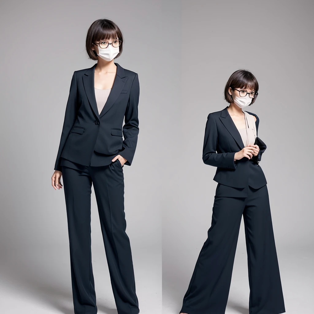 Pants suit, buttocks emphasis, short hair, glasses, mask, slouching