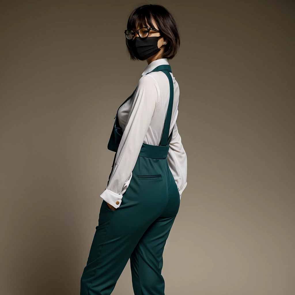 Pants suit, buttocks emphasis, short hair, glasses, mask, slouching
