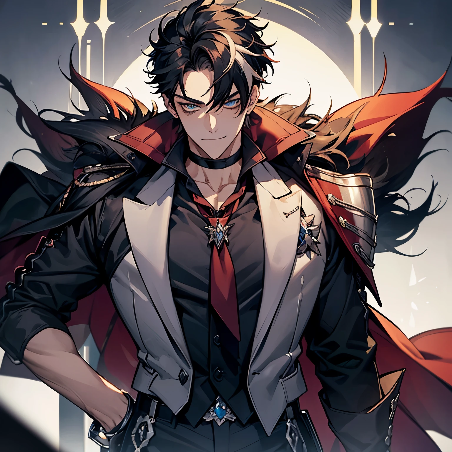 masterpiece, best quality, 1boy, wriothesley, black hair, multicolored hair, short hair, blue eyes, collared shirt, red necktie, jewelry, choker, black fur-trimmed coat on shoulders, sleeves rolled up, upper body, smile, fangs, cowboy shot, hand on waist