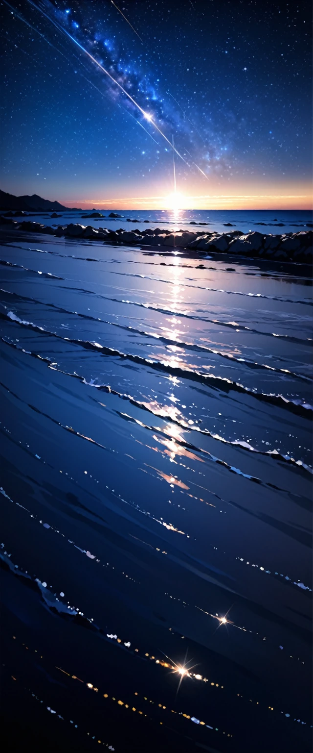 (close up:1.4)、(original photo:1.2)、(Realistic:1.4)、(masterpiece:1.3)、(best quality:1.4)、(Night view:1.2、landscape、Between the horizon and the sea、View from the side、on the sea、The whole scene is shining、White hair、Starry Sky