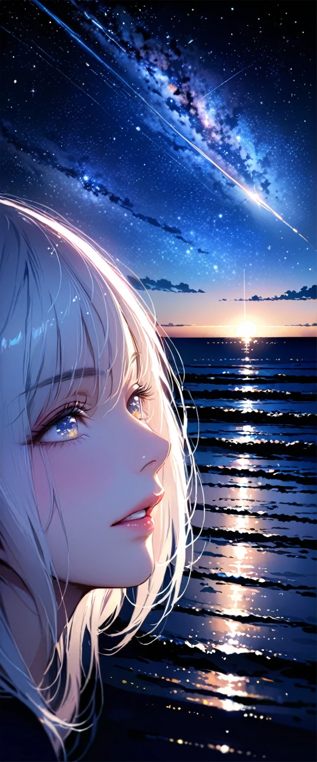 (close up:1.4)、(original photo:1.2)、(Realistic:1.4)、(masterpiece:1.3)、(best quality:1.4)、(Night view:1.2、landscape、Between the horizon and the sea、View from the side、on the sea、The whole scene is shining、White hair、Starry Sky