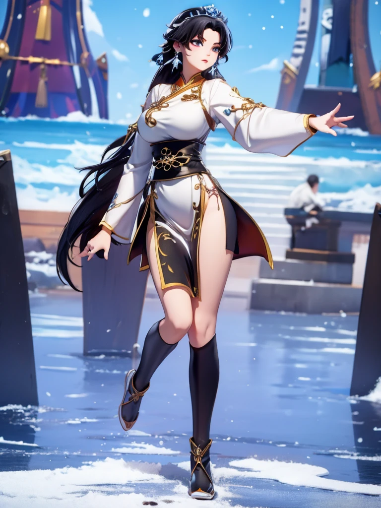 Seizo Watase style, Simple Line Initialism,Abstract art, 3d character, colorful hearts ,(((The most beautiful girl of all time))), (full body 1.2), only girl, 18 year old, full body, (((8k))),, (((3d))), black hair, Chinese girl, long hair, snow background, Taoist monk, cheongsam, yin and yang circle, black and white suit, look from back