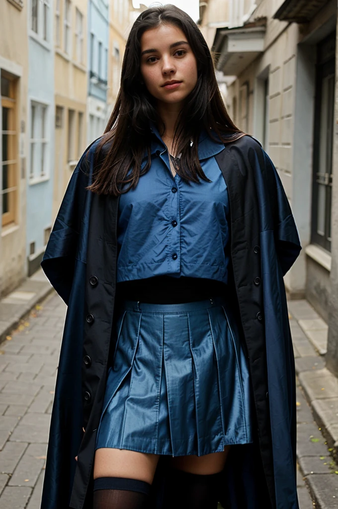 de 16 anos, with a long blue and black skirt, and a blue shirt, with a black jacket and a blue and black cape. It's a battle suit