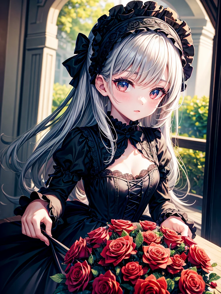 Highest quality,Highest Resolution,A girl in a black dress surrounded by roses,Gothic Lolita,