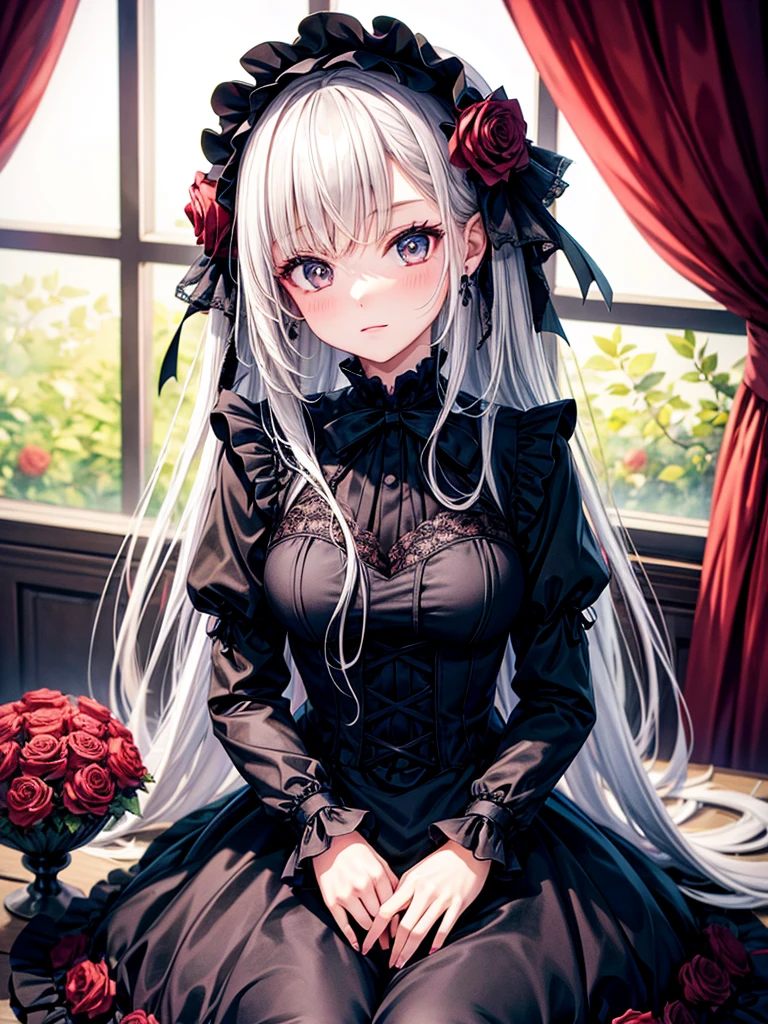 Highest quality,Highest Resolution,A girl in a black dress surrounded by roses,Gothic Lolita,