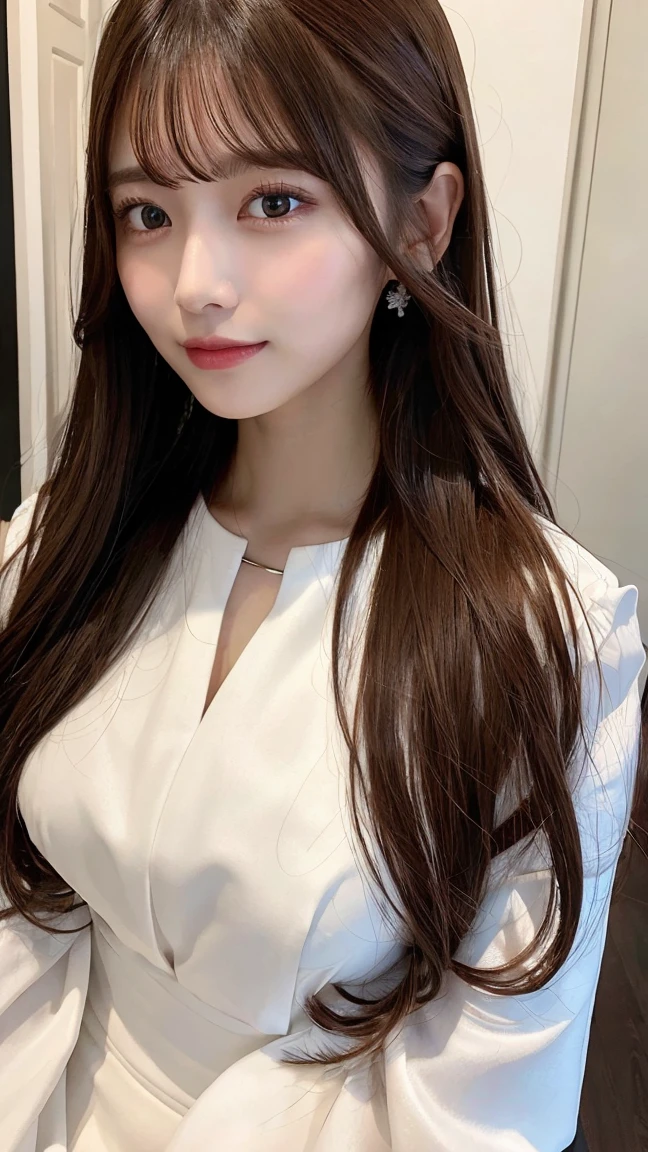 best quality, masterpiece, 1girl, long hair, shiny brown hair, wearing white blouse, upper body