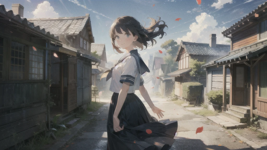 (masterpiece), town, blue sky, One Girl, smile, alone, Sailor suit、Long skirt, Overgrown, petal, plant、Skirt lining、Translucent slip、Nostalgic、Strong winds、Skirt fluttering in the wind