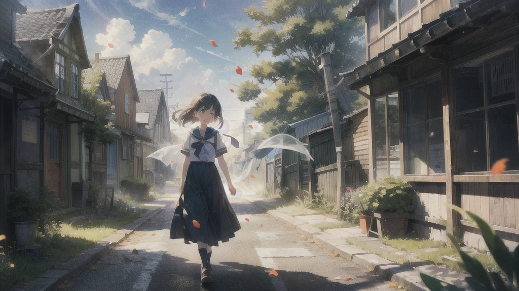 (masterpiece), town, blue sky, One Girl, smile, alone, Sailor suit、Long skirt, Overgrown, petal, plant、Skirt lining、Translucent slip、Nostalgic、Strong winds、Skirt fluttering in the wind