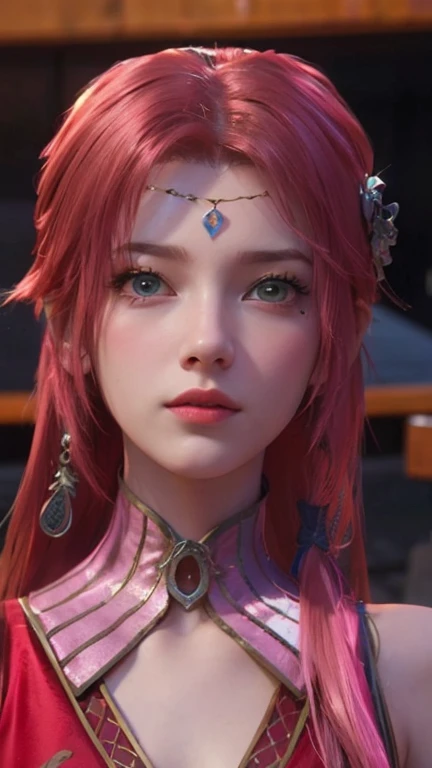 young woman, short shoulder-length pink hair, wide forehead, porcelain skin, pink eyebrows, big emerald green eyes, buttoned nose, full lips, heart-shaped face, slender body, small breasts, red tank top, Sakura Haruno , realistic, realism, details, 3d, well detailed