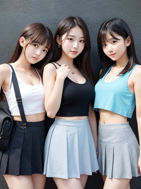 Three Girls,Flat Chest,cute,school bag,Ultra mini skirt,Tank top
