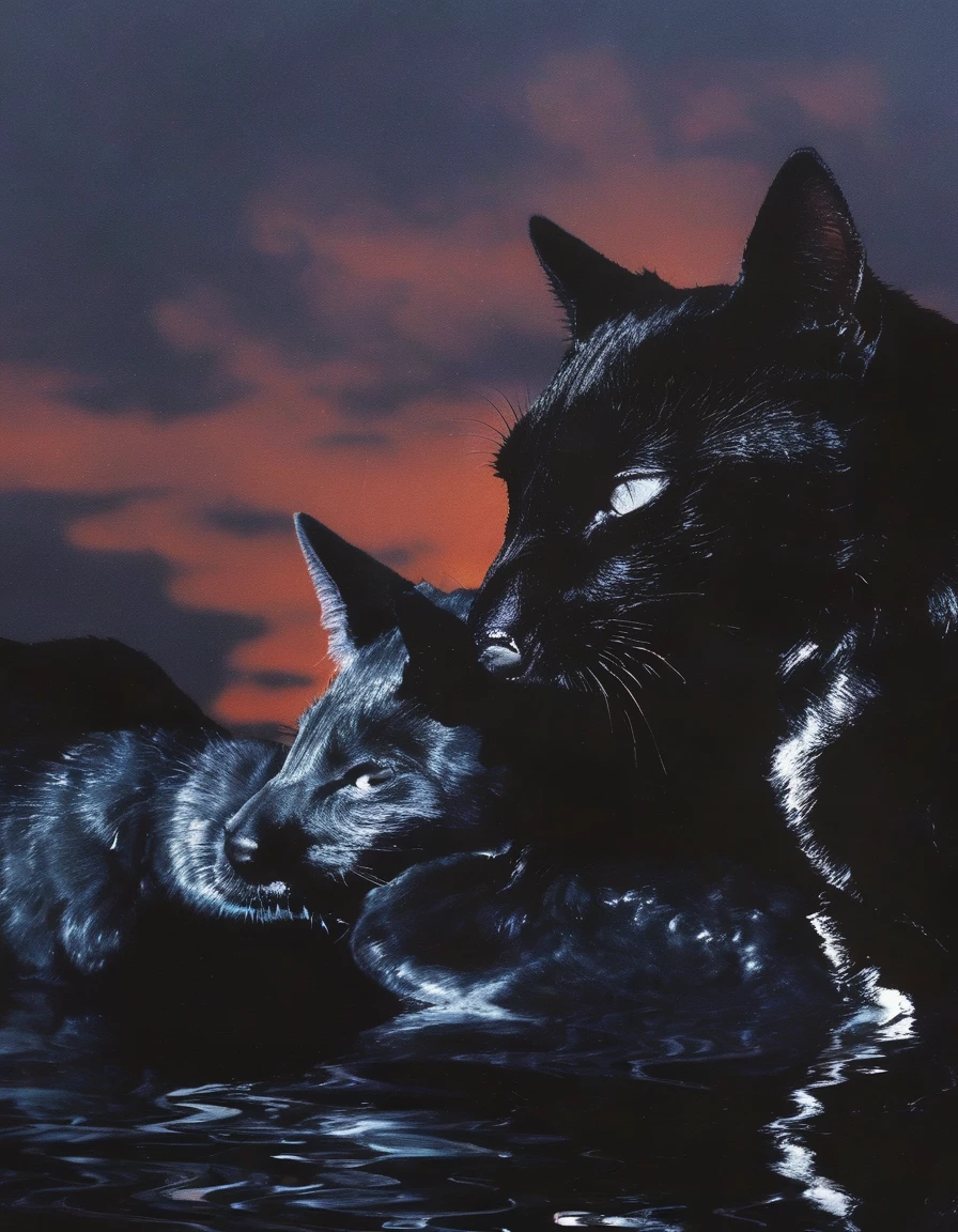 black cats kissing in black water, sunset background