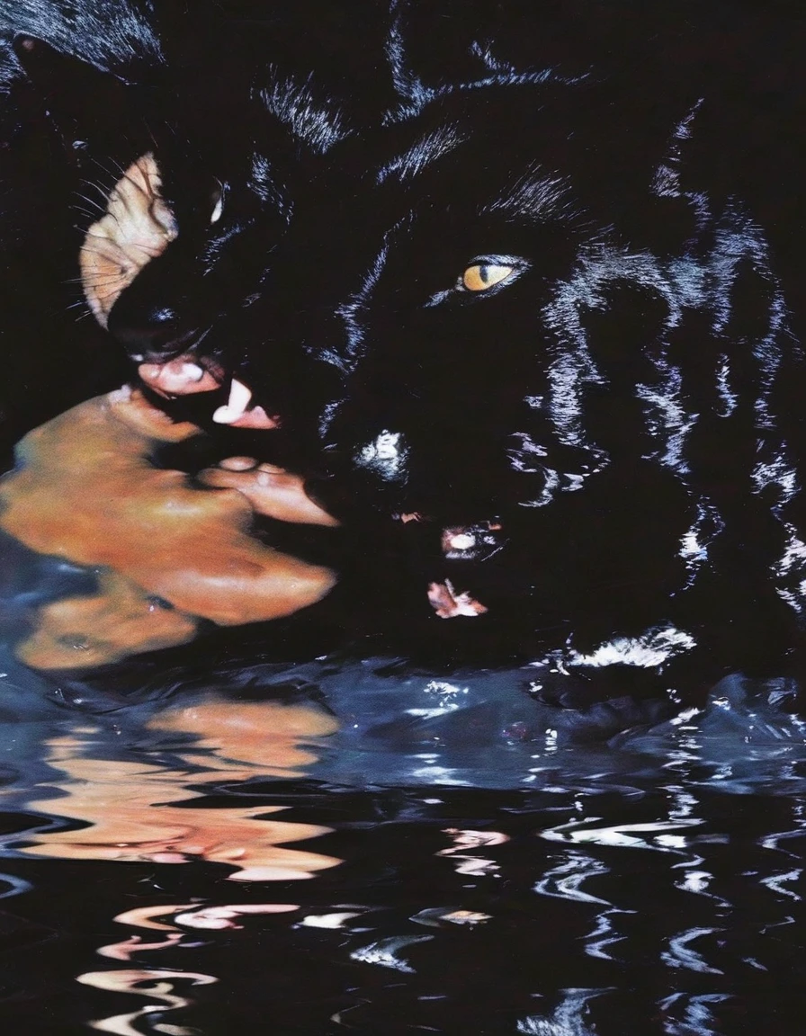 black cats kissing in black water, sunset background