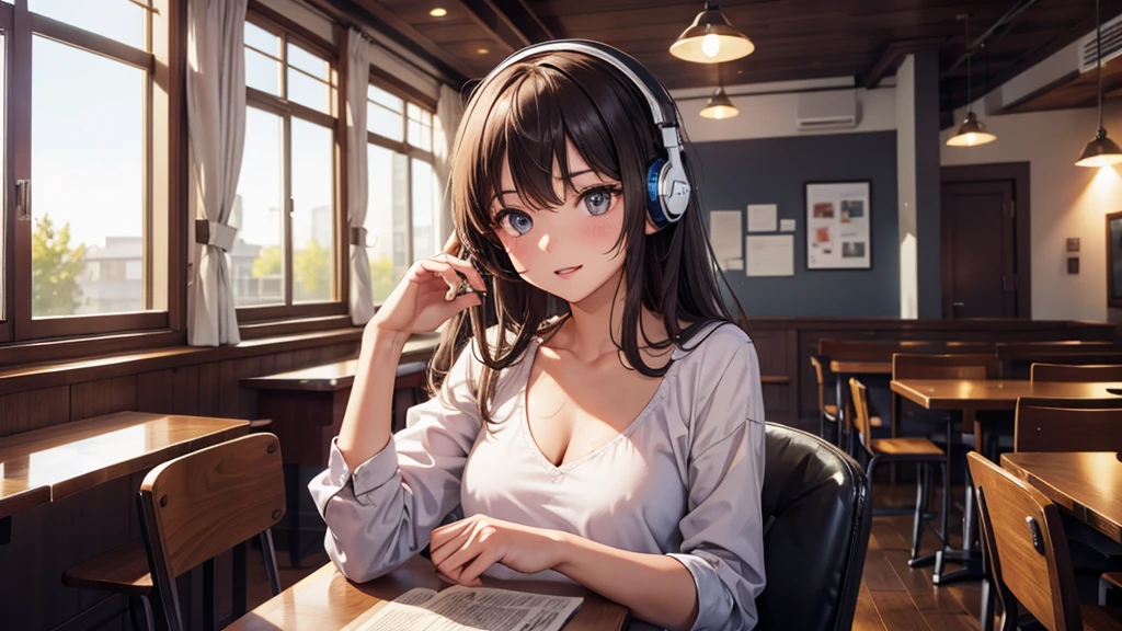 Girl with headphones enjoying music in a cafe I am studying Emphasize a little bit of the chest