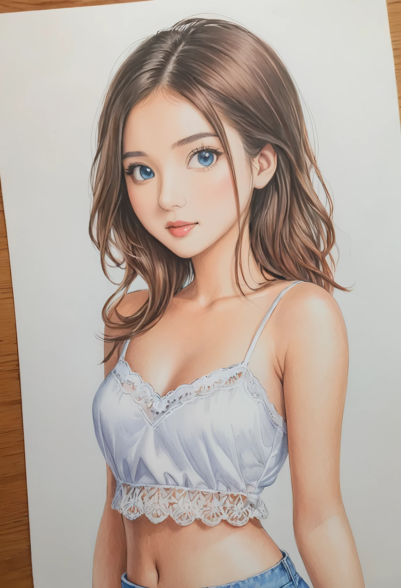  female，short camisole，white，Art，ad，colour pencil drawing，draft drawing 
