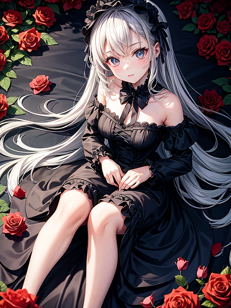 Highest quality,Highest Resolution,A girl in a black dress surrounded by roses,Gothic Lolita,