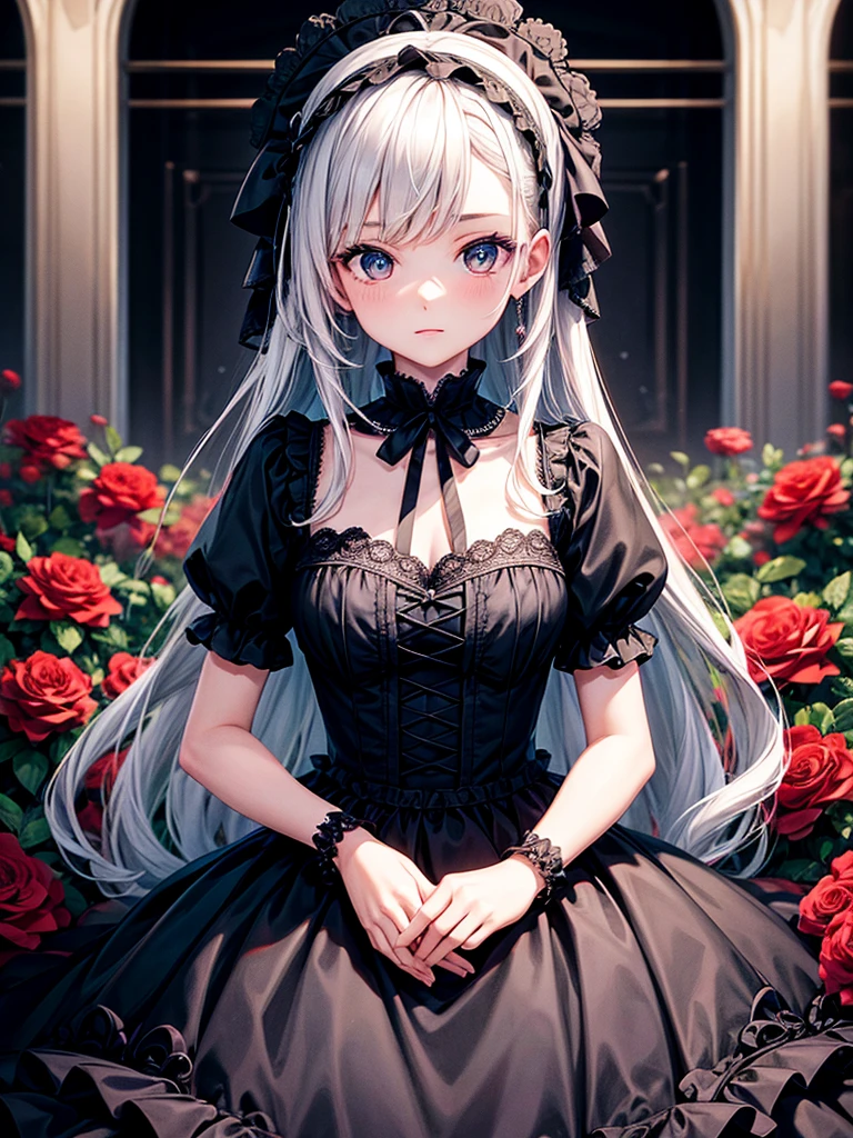 Highest quality,Highest Resolution,A girl in a black dress surrounded by roses,Gothic ta,