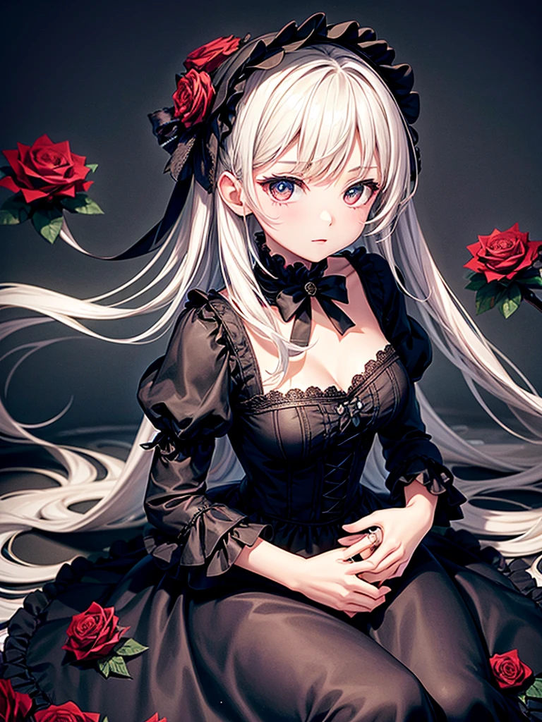 High resolution, Attention to detail, high quality, High resolution, 最high quality, 4K, 8k, Awards、break、Gothic、Gothic Lolita、break、Rose petals falling、Mystical artwork、Flat Color、Rose Floor Background、Wide-angle lens、alone,1 person