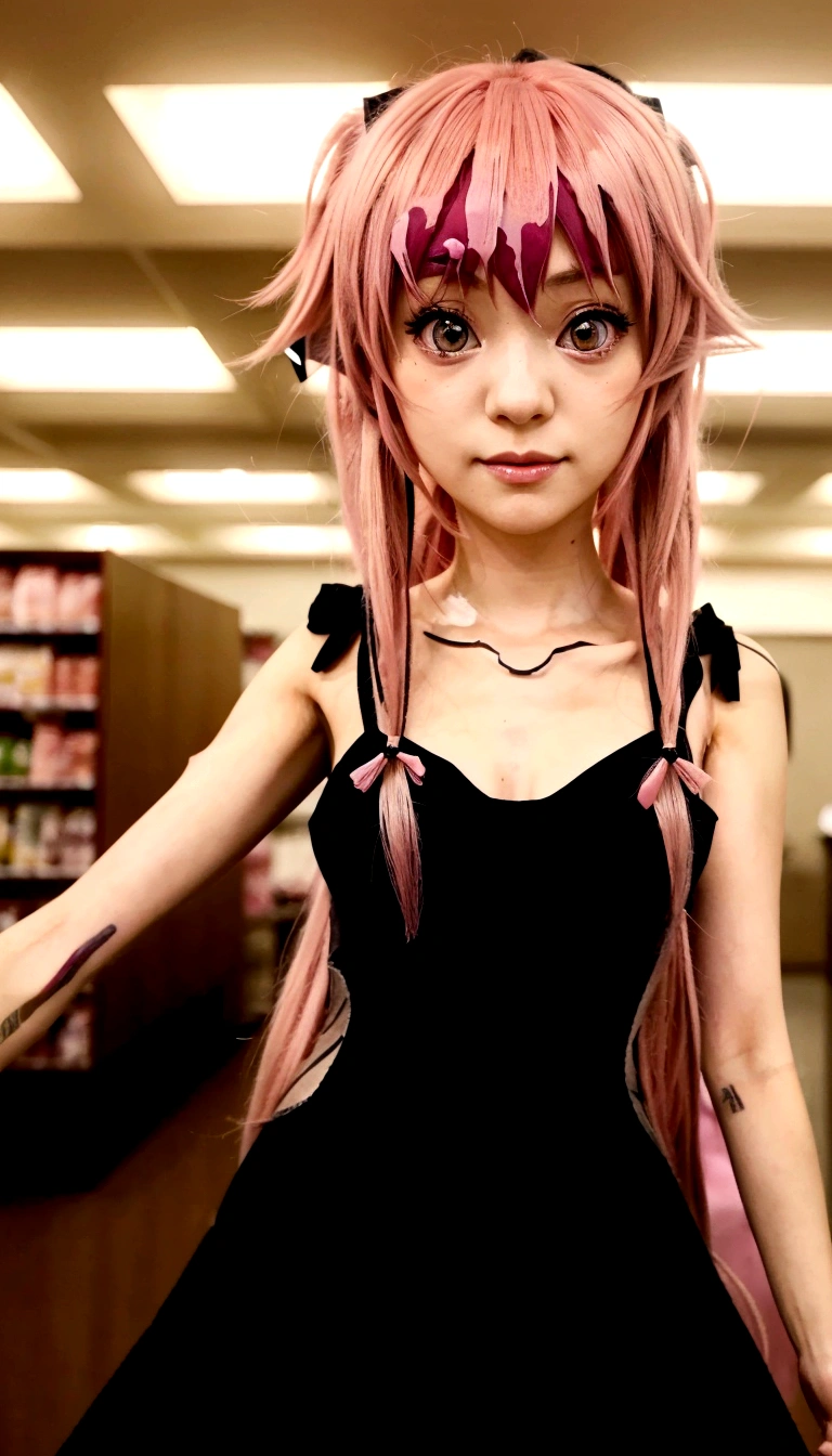 a close up of a person in a dress with pink hair, as an anime character, anime girl named gasai yuno, anime girl wearing a black dress, anime character, mirai nikki, female anime character, anime style like Mirai nikki inspired by mirai nikki, human pink female human girl, mirai nikki style, an anime girl