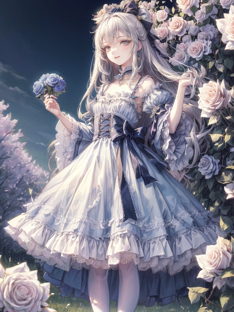 art by Cornflower,(masterpiece),(highly detailed CG,ultra-detailliert,Best Shadow:1.3),(Perfect Anatomy),(beautiful and luxurious:1.2),1 girl,(alice in the wonderland),blue ribbon on head,blue clothesbBeautiful and extra detailed face,flat colors,limited pallete,low contrast,the best lighting,lite smile,Standing in a park full of white roses