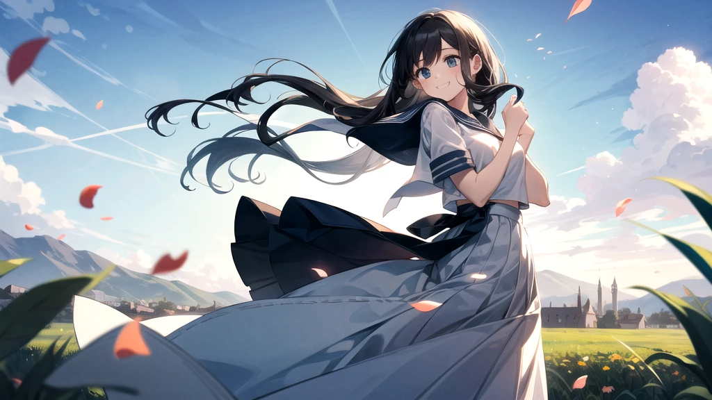 (masterpiece), town, blue sky, One Girl, smile, alone, Sailor suit、Long skirt, Overgrown, petal, plant、Skirt lining、Translucent slip、Nostalgic、Strong winds、Skirt fluttering in the wind