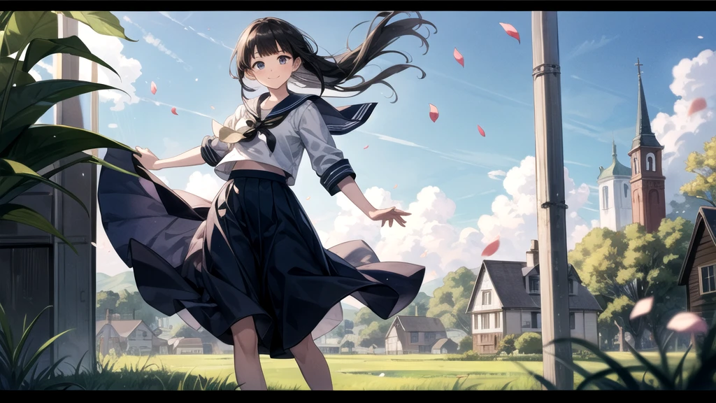 (masterpiece),  town,  blue sky,  One Girl,  smile,  alone,  Sailor suit、Long skirt,  Overgrown,  petal,  plant、Skirt lining、Translucent slip、Nostalgic、Strong winds、Skirt fluttering in the wind