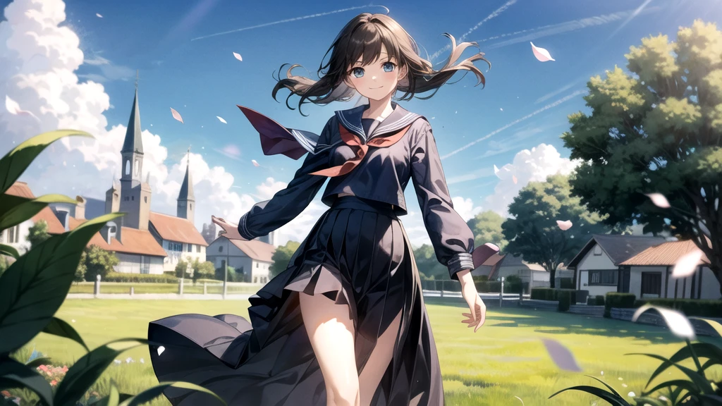 (masterpiece),  town,  blue sky,  One Girl,  smile,  alone,  Sailor suit、Long skirt,  Overgrown,  petal,  plant、Skirt lining、Translucent slip、Nostalgic、Strong winds、Skirt fluttering in the wind