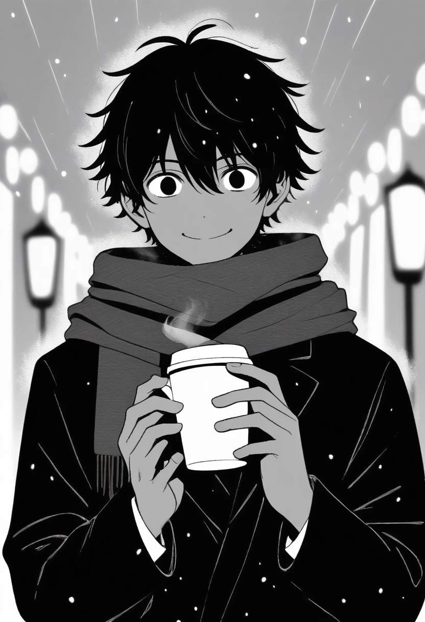 masterpiece, best quality, 1boy mamerakkkkko, grayscale, manga style, japanese, chi no wadachi, black eyes, street, iced, short black hair, smile, lineart, black coat, black scarf, black pants, centered, 18 years old, tall, fair skinned, bokeh background, two-block cut, light particles, centered, snowing, (((holding coffee cup, steam)), emotional anime scene, (very aesthetic, best quality, ultra detailed), intricate details