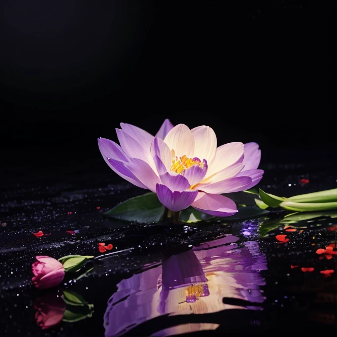 calligraphyinkstyle, different flowers and gemstones, lavender, dahlia, tulips, mimosas, roses and poppies, harmonic fusion, volumetric lighting, night time, moonlight reflects in the water, black background, crystalz