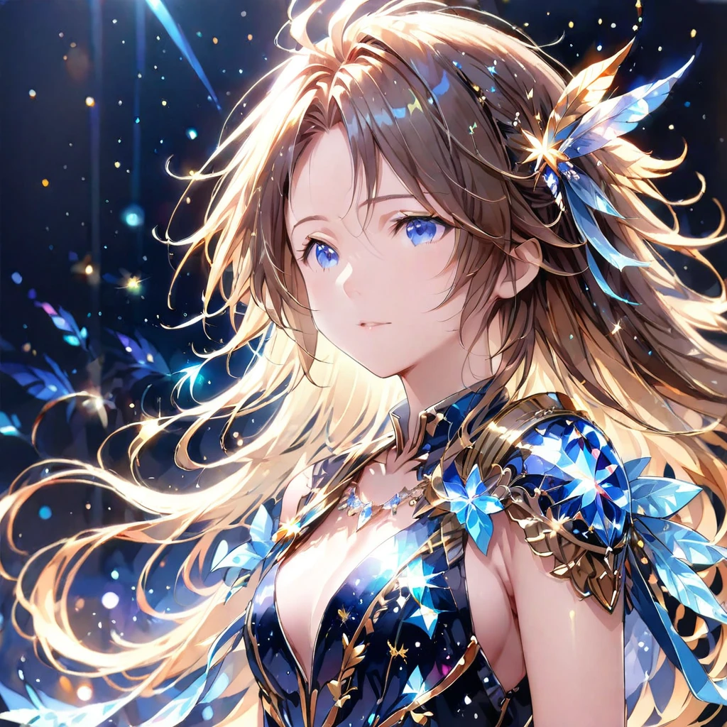 (8K, Highest quality, masterpiece:1.2),(Highest quality:1.0), (Ultra-high resolution:1.0), (((金と銀のツートンカラーの髪)))、watercolor, Beautiful woman, shoulder, Costumes adorned with light refraction、Twinkling of the stars、Diamond Sparkle、Hair Ribbon, Agnes Cecil, Half Body Portrait, Super bright design, pastel colour, (ink:1.3), Autumn Light,