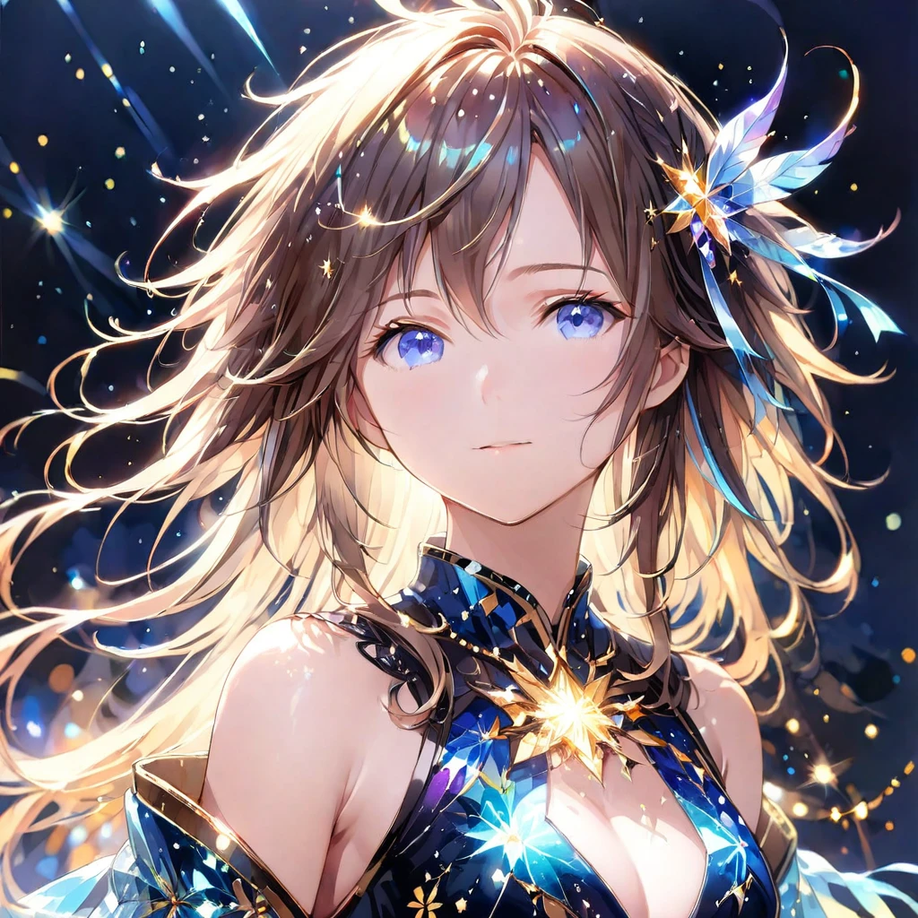 (8K, Highest quality, masterpiece:1.2),(Highest quality:1.0), (Ultra-high resolution:1.0), (((金と銀のツートンカラーの髪)))、watercolor, Beautiful woman, shoulder, Costumes adorned with light refraction、Twinkling of the stars、Diamond Sparkle、Hair Ribbon, Agnes Cecil, Half Body Portrait, Super bright design, pastel colour, (ink:1.3), Autumn Light,