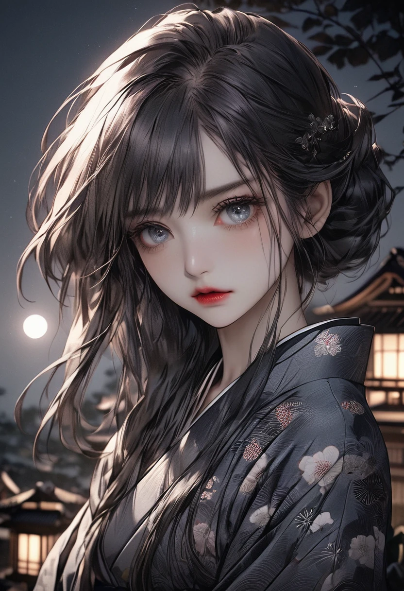 beautiful detailed eyes, beautiful detailed lips, extremely detailed eyes and face, longeyelashes, 1girl, traditional japanese clothing, kimono, night, moonlight, moon, sad expression, melancholic, moody, atmospheric, woodblock print, muted colors, dark tones, cinematic lighting, dramatic lighting, chiaroscuro, (best quality,4k,8k,highres,masterpiece:1.2),ultra-detailed