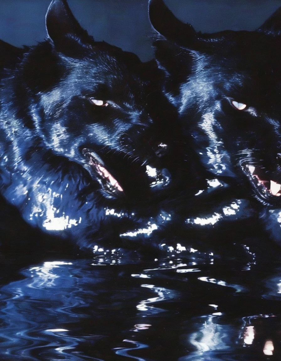 black cats kissing in black water, dark blue background