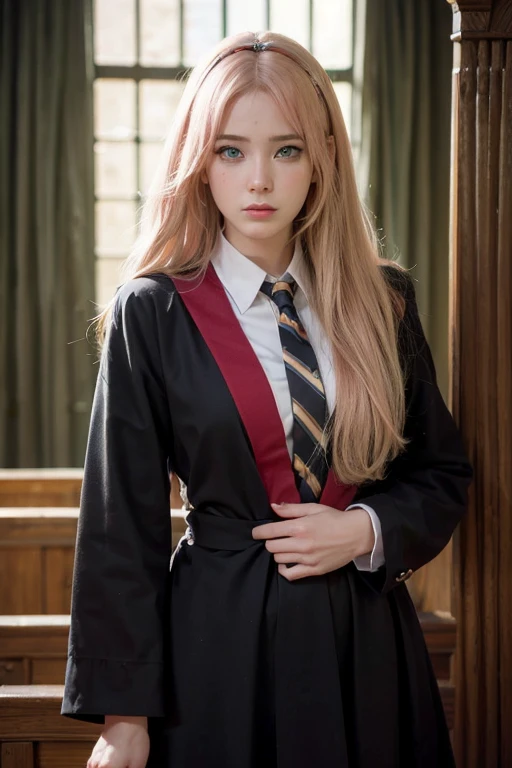 young woman, short shoulder-length pink hair, wide forehead, porcelain skin, pink eyebrows, big emerald green eyes, buttoned nose, full lips, heart-shaped face, slender body, small breasts, red tank top, Sakura Haruno , realistic, realism, details, 3d, well detailed
