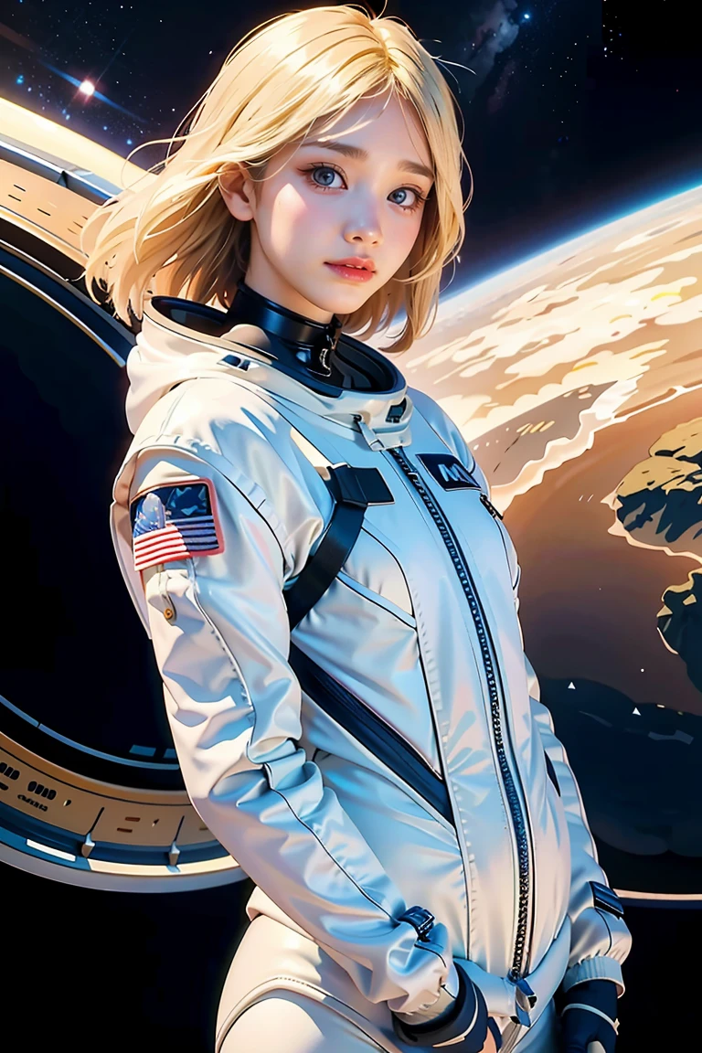 (best quality, masterpiece), 1girl, pose, particle, wind, flower, upper body, simple background, looking at viewer, blonde, galaxy, space suit, 