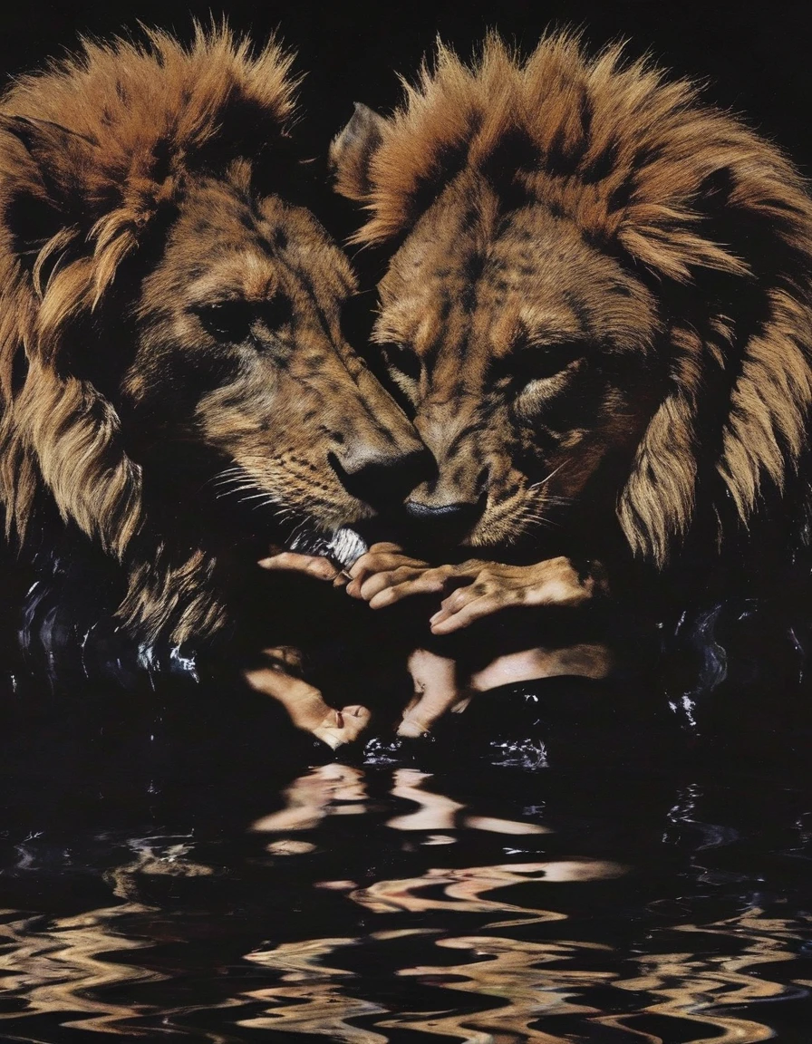 lions kissing in black water, sunset background
