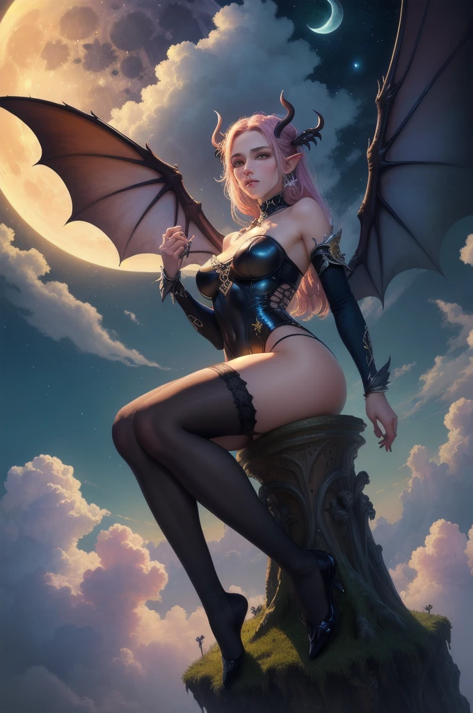 ((best quality)), ((masterpiece)), (detailed), succubus, ethereal beauty, perched on a cloud, (fantasy illustration:1.3), enchanting gaze, leotard, pantyhose, stockings, bodysuit, captivating pose, delicate wings, otherworldly charm, mystical sky, large moon, moonlit night, soft colors, (detailed cloudscape:1.3), (high-resolution:1.2), from below, (rating_explicit), (score_9, score_8_up, score_7_up, score_6_up, score_5_up, score_4_up, high res, 4k)