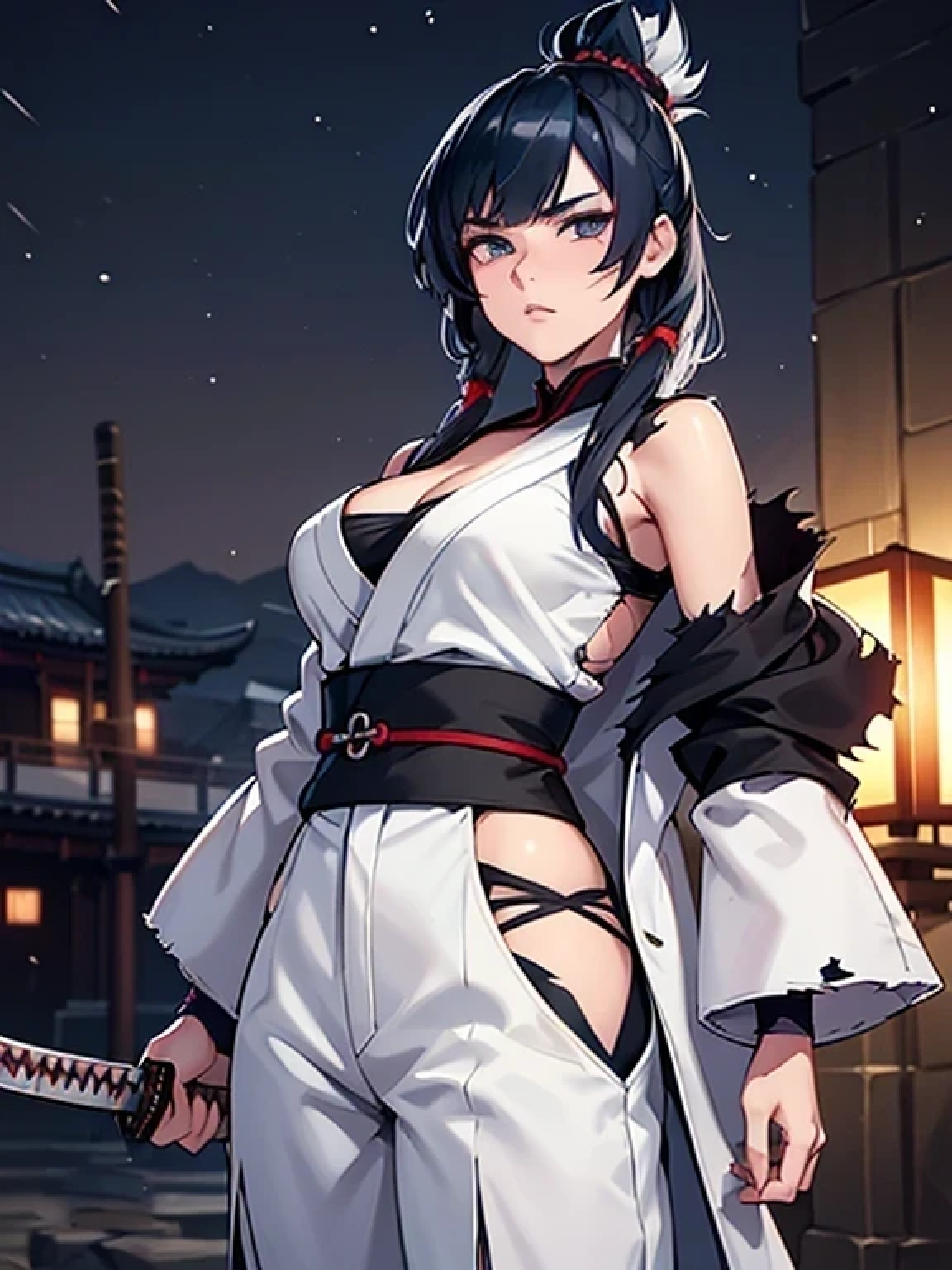 a female samurai, beautiful detailed eyes, beautiful detailed lips, extremely detailed face, long eyelashes,hyper realistic lighting,(super detailed:1.3),((best quality:1.2)),((masterpiece:1.2)),female focus,lonely beauty,(nighttime:1.6),(standing in a medieval europe castletown),cowboy shot,cleavage,((white chest sarashi:1.125)),topknot,muted dark blue hair,(white samurai coat),(black samurai pants:1.3),(angry:1.05),(wearing one sleeve),(torn sleeve:1.4),(katana sword on hip:1.06),(torn clothing:1.1)