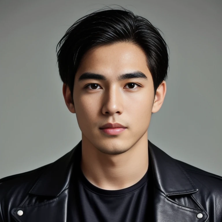 ภาพระยะใกล้ของชายWear a leather jacketสีดำ, Rick Dai, Southeast Asians with round faces, Asian man, Handsome Chad Chin, Ramil Sunga, handsome man, Inspired by Adam Dario Kiel, A young man with a beautiful face, Handsome young man's face, handsome man,black short hair, Reuben Wu, Headshot profile picture, Handsome and beautiful face, Araf man with round face, Silky black hair, Wear a leather jacket, leather clothing, headshot รูปโปรไฟล์ture, leather clothes, Handsome and charming, Wear a leather jacket, man wearing a black jacket, Wear a leather jacket, handsome man, smooth hair, handsome man, Nadech, 3-D profile picture, 8K, 45,000,000 pixcls, realistic light colors,