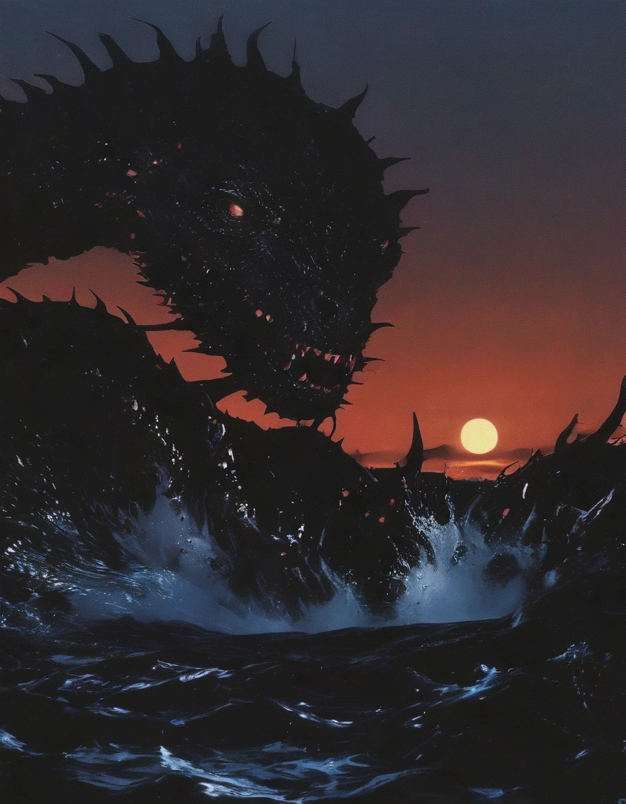 lovecraftian monsters in black water, sunset background