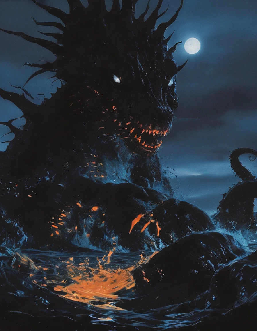 lovecraftian monsters in black water, sunset background