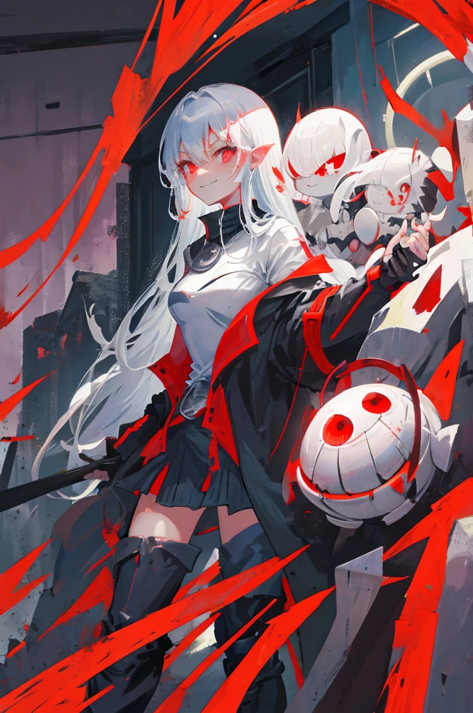 gray goblin, mischievous smile, medieval ages, red eyes, thief outfit.