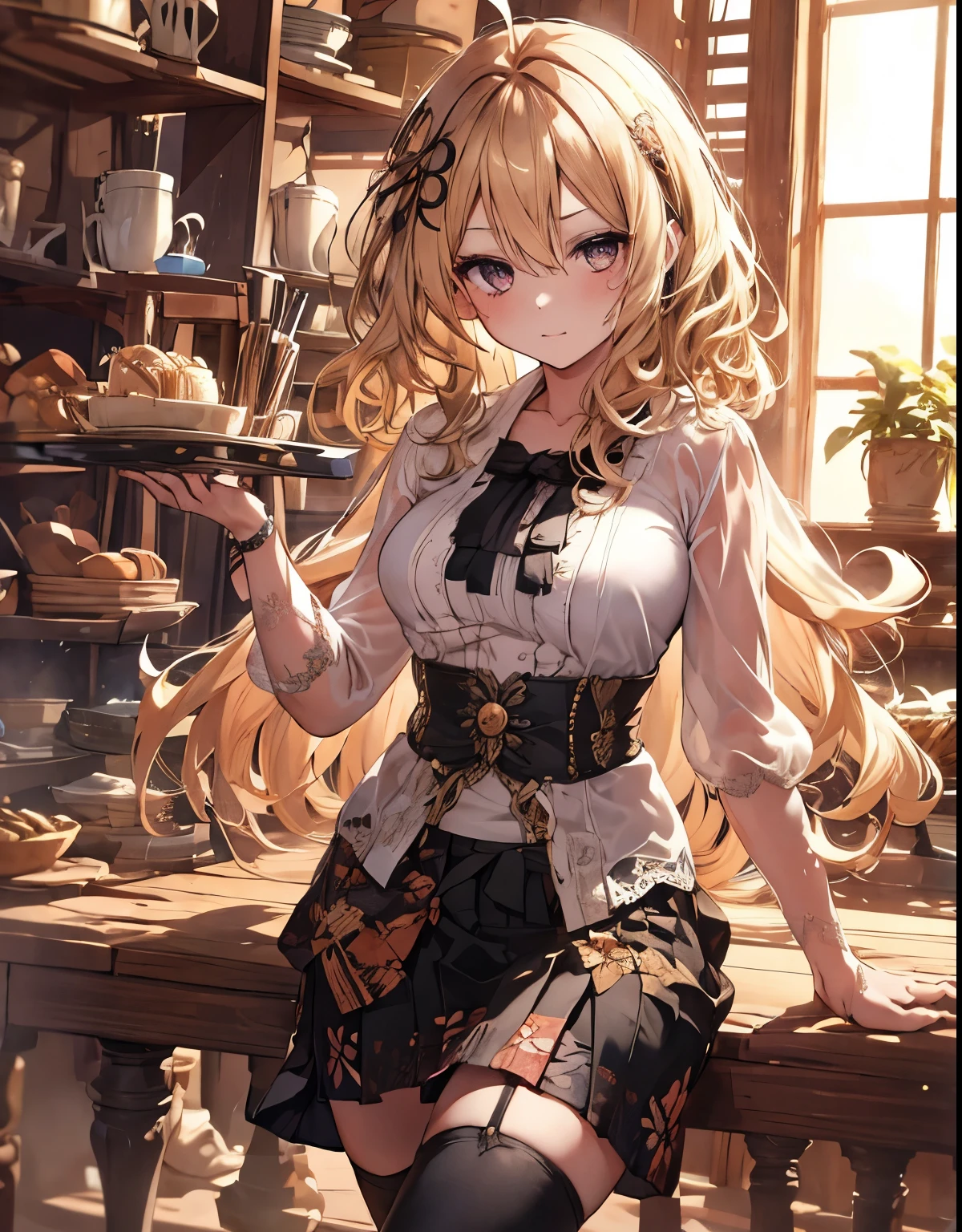 masterpiece, 1girl, sparrow, a blonde haired girl, wearing a white kebaya, curly long hair, messy hair, slim body, he close her left eye, shirt ornament, ruby eyes, ahoge, baby face, bige breast, beautiful breasts, rounded breasts, long sleeves, beautiful eyes, white stocking, droopy eyes, skirt, black skirt, batik skirt, her age is 19 years old, ricefield, shirt, skirt, lovely face, medium hair, angry face, curly hair, batik skirt, gothic ****ta