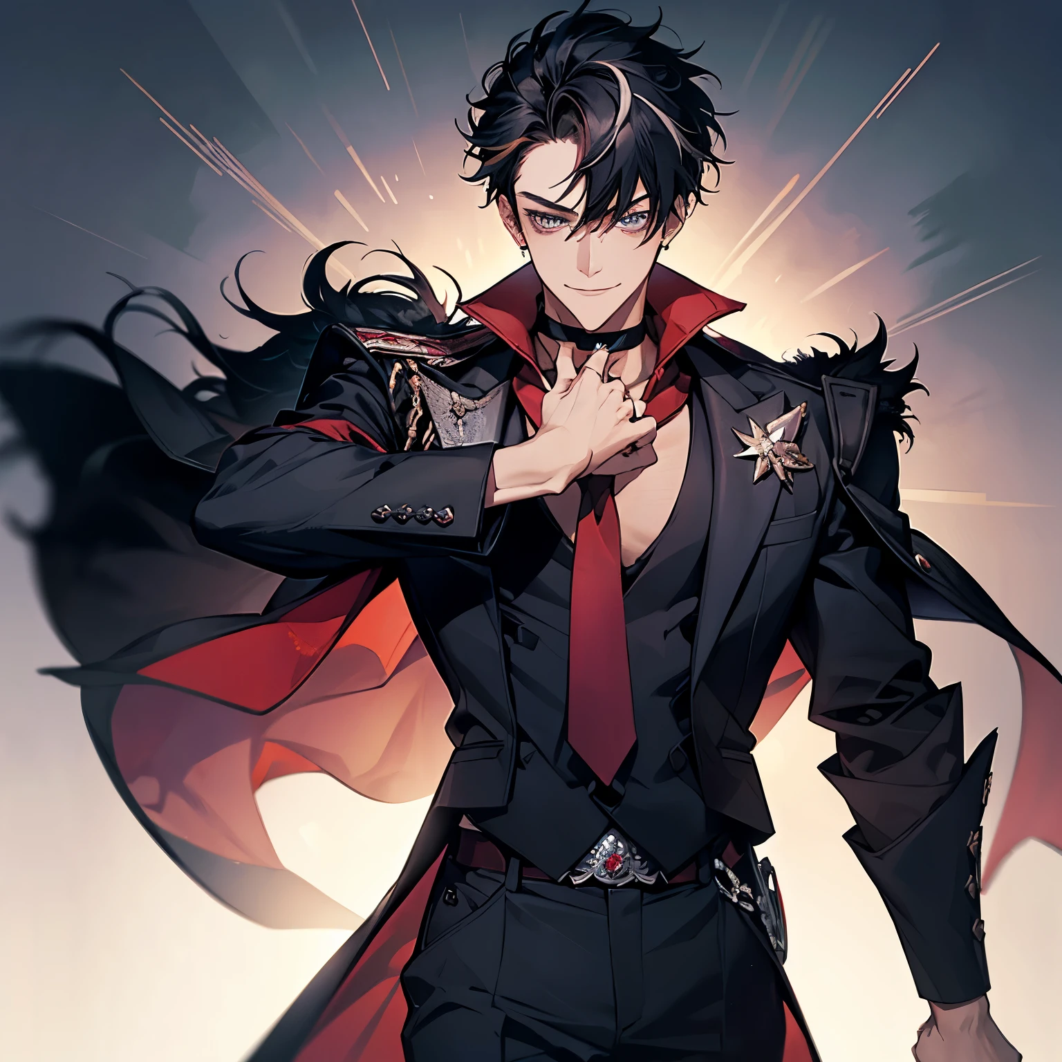 masterpiece, best quality, 1boy, wriothesley, black hair, multicolored hair, short hair, blue eyes, collared shirt, red necktie, jewelry, choker, black fur-trimmed coat on shoulders, sleeves rolled up, upper body, smile, fangs, cowboy shot, hand on waist, full body